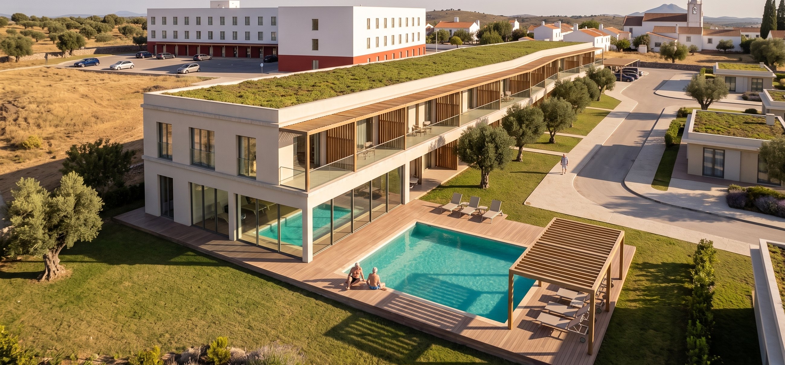 Apartmenthaus mit Gemeinschaftspool, Pergola und verglastem Wellnessbereich am Kopfende, offene Rasenfläche davor | Apartment building with communal pool, pergola and glazed wellness area at the end, open lawn in front