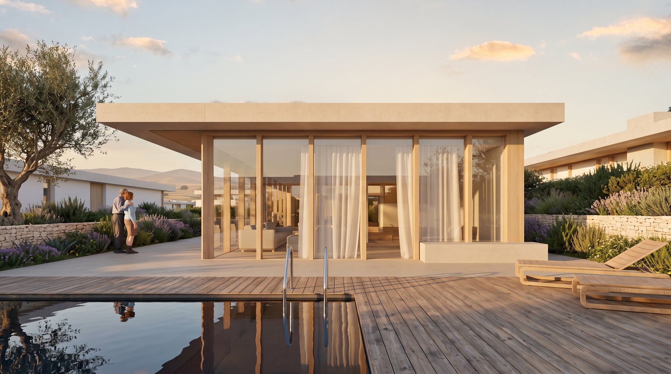 Country House Lux mit raumhoher Verglasung, Pool und Olivenbaum im Abendlicht | Country House Lux with floor-to-ceiling glazing, pool and olive tree in evening light