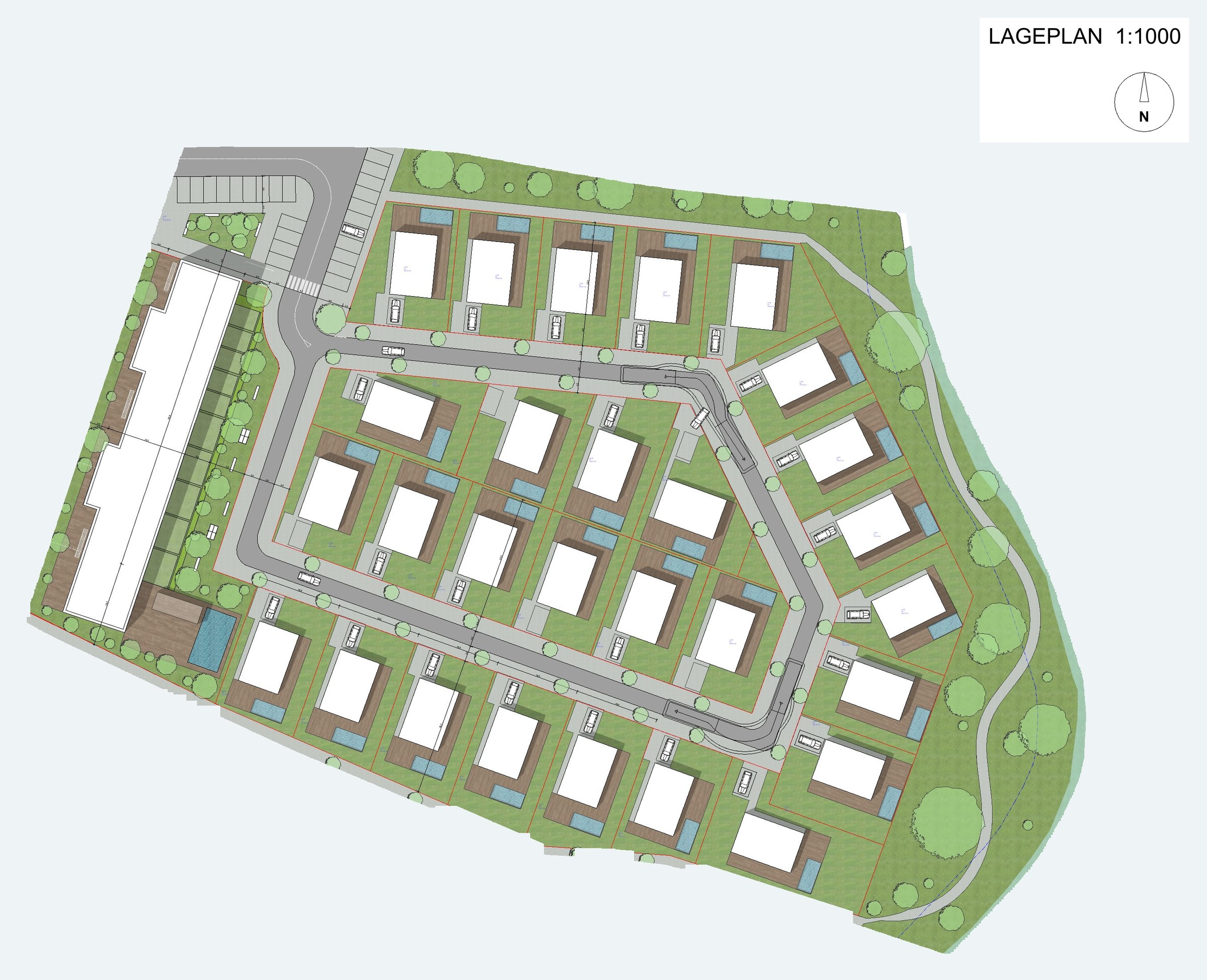 Lageplan Parque Residences Estoi mit 28 Privatgrundstücken und dem Apartmenthaus | Site plan of Parque Residences Estoi with 28 private lots and the apartment building