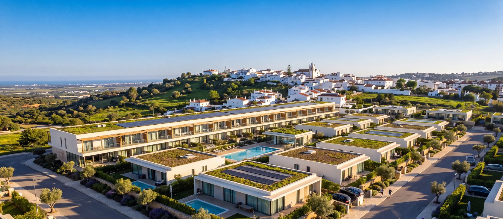 Parque Residences Estoi mit dem Ortsrand von Estoi im Hintergrund, Illustration | Parque Residences Estoi with the edge of Estoi behind, illustration