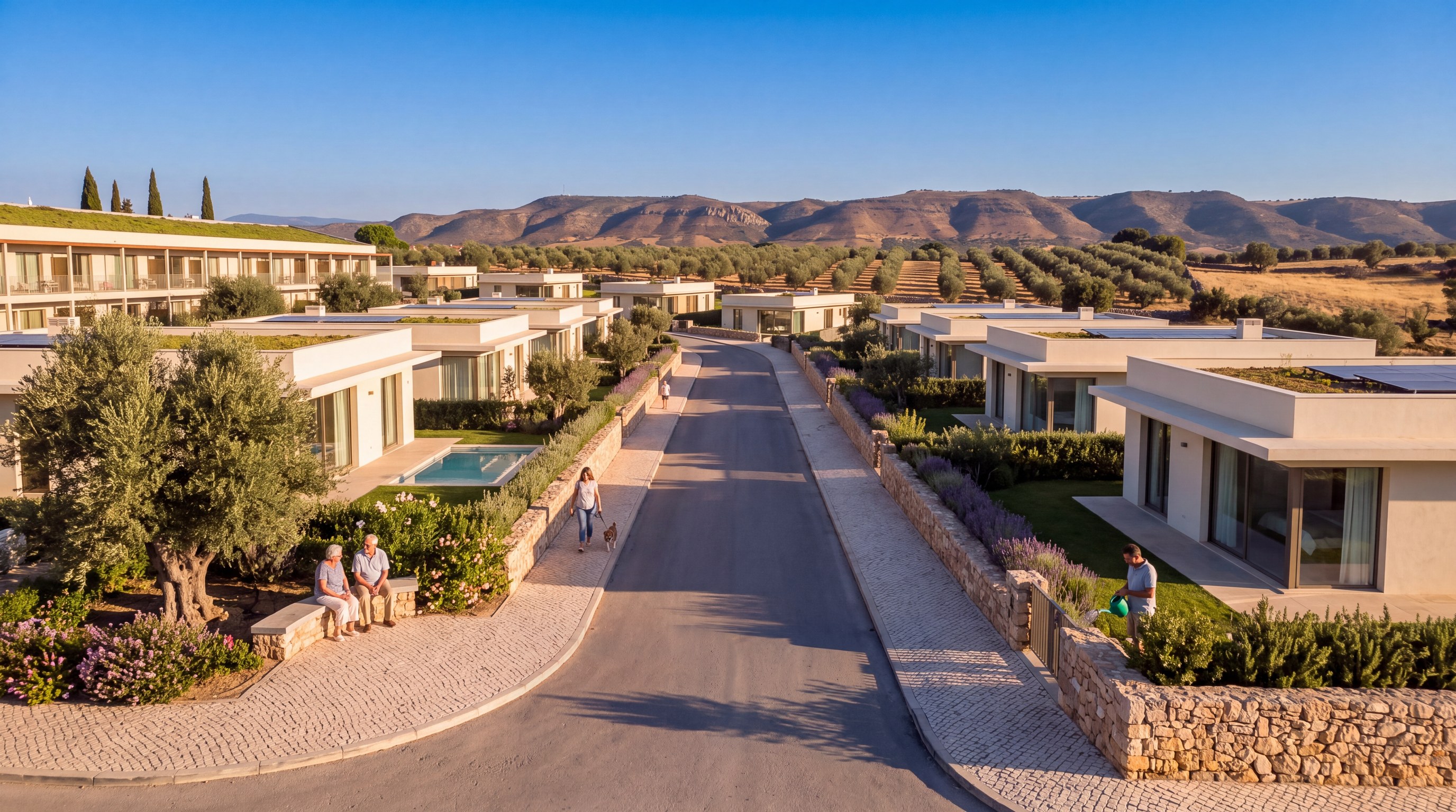 Ringstraße im Parque Residences Estoi mit Privatvillen und dem Apartmenthaus | Loop road at Parque Residences Estoi with private villas and the apartment building