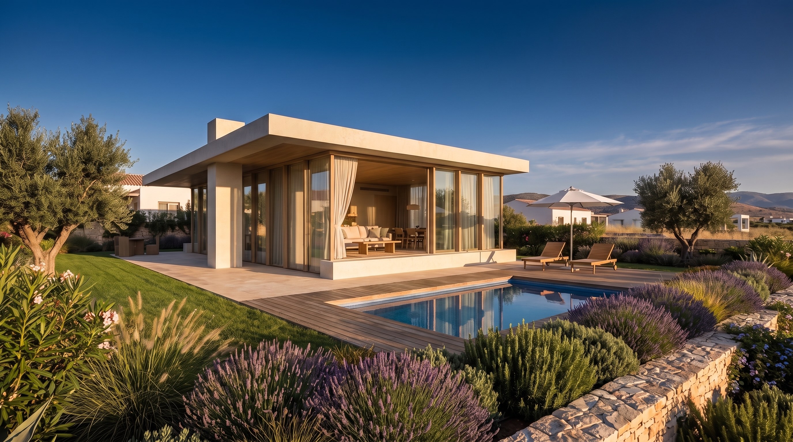 Town House Luxusvariante mit raumhoher Verglasung, Pool und Olivenbaum im Abendlicht | Town House luxury variant with floor-to-ceiling glazing, pool and olive tree in evening light